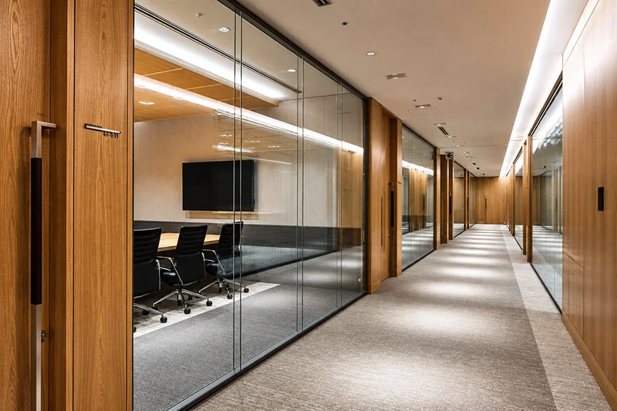 demountable glass wall system installed in a commercial office project